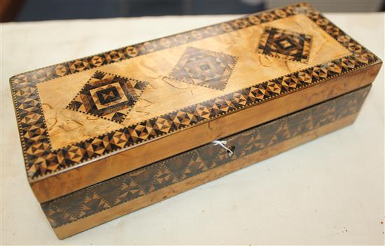 Two Tunbridge ware half square mosaic inlaid rectangular boxes, 9.5in.
